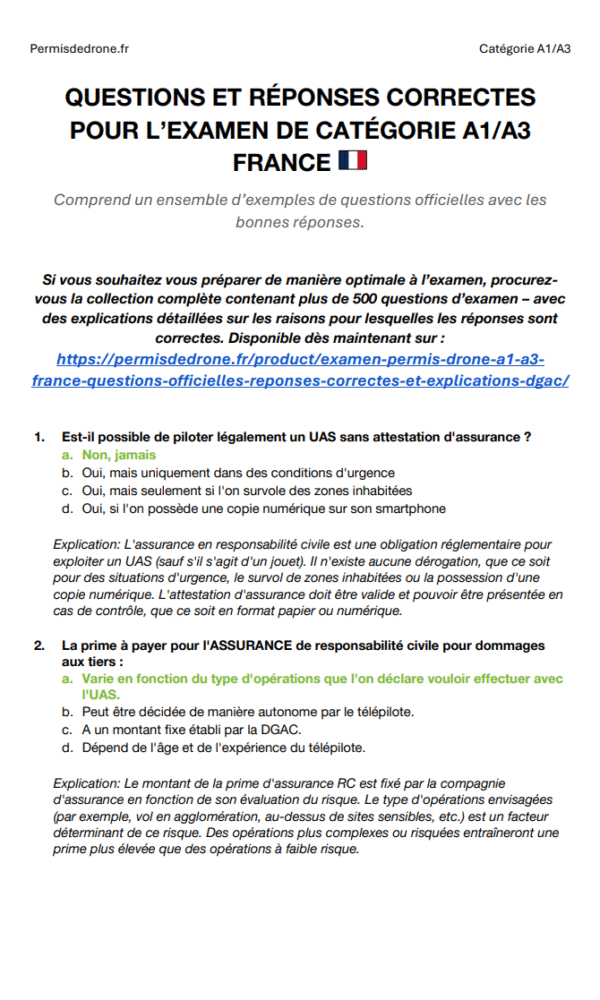 Examen Permis Drone A1/A3 France – Questions Officielles, Réponses Correctes et Explications (DGAC) – Image 2
