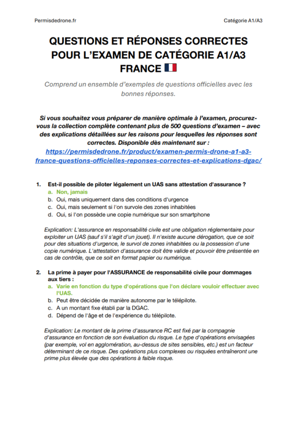 Examen Permis Drone A1/A3 France – Questions Officielles, Réponses Correctes et Explications (DGAC)