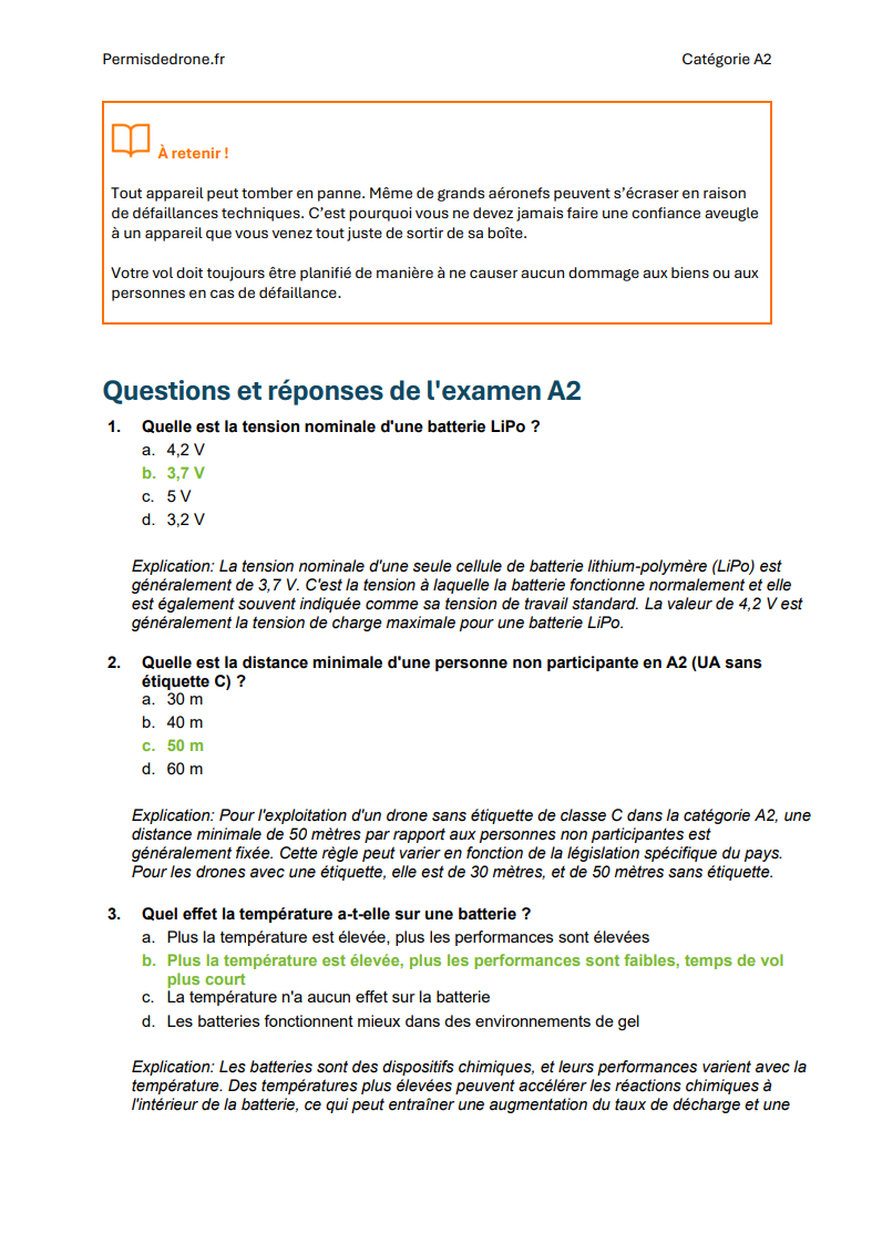 Examen Permis Drone A2 France – Préparation complète avec questions officielles, réponses détaillées et support d